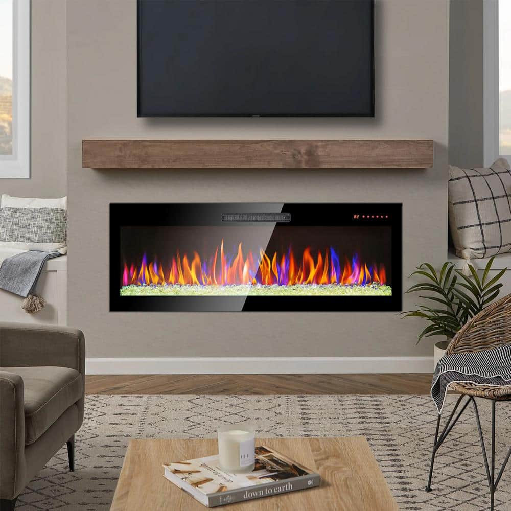 50-Inch Black Tempered Glass Wall Mounted Electric Fireplace with Remote