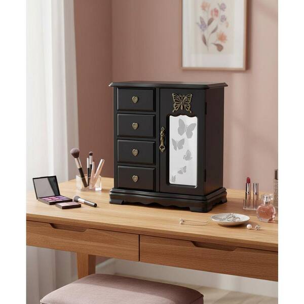 Wooden Jewelry Box with 4-Drawers Built-in Necklace Carousel and