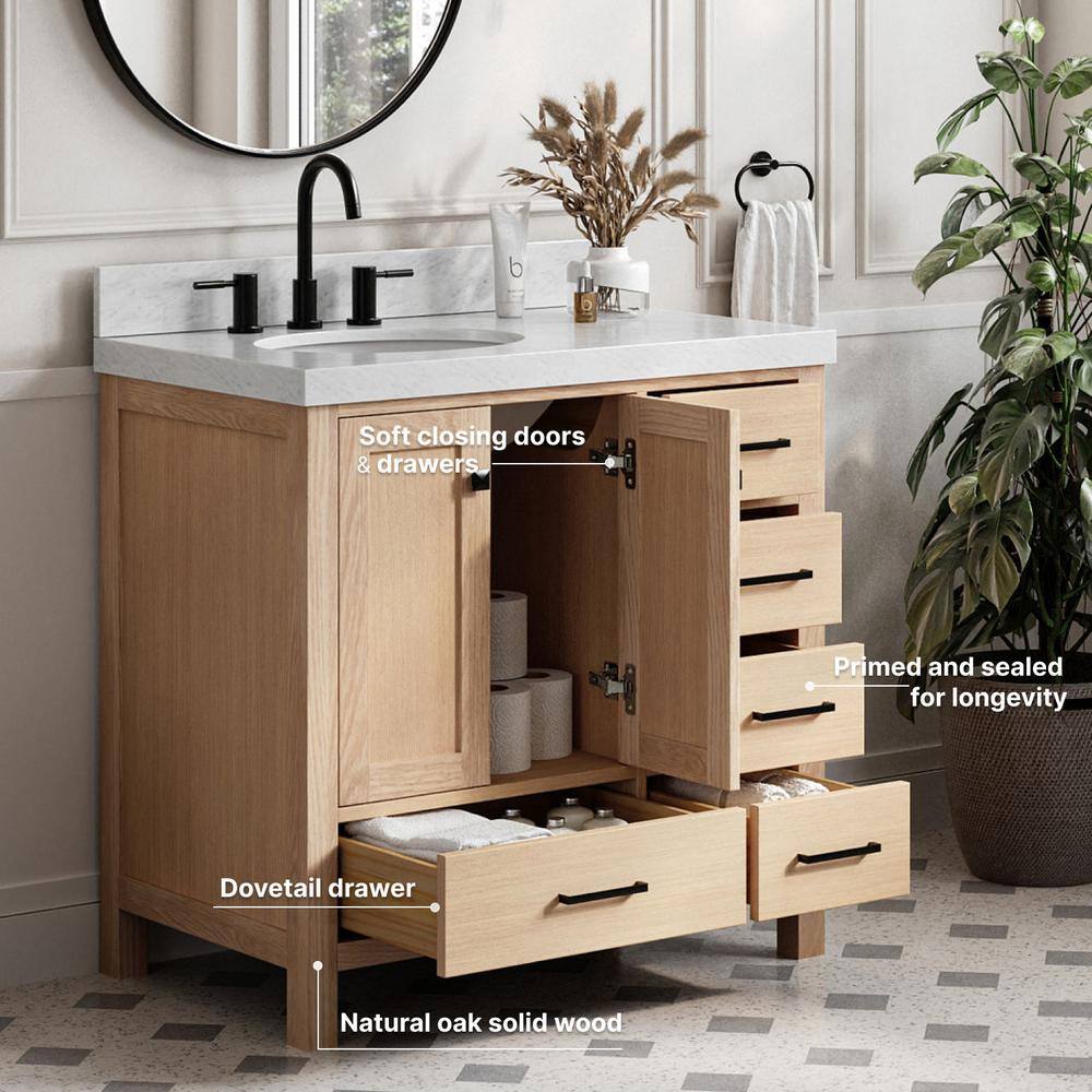 Oak Freestanding Vanity with Carrara Marble Top and Black Hardware