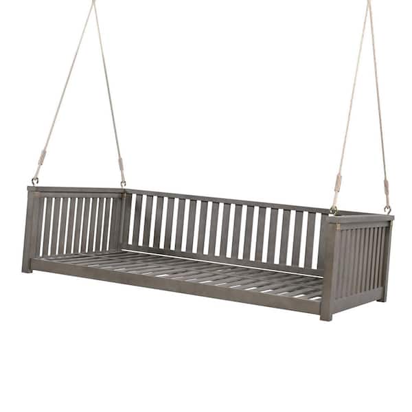 Unbranded 2-Person Gray Acacia Wood Porch Swing, Twin Size Garden Swing Bed with Safe Sloped Design, Hanging Rope