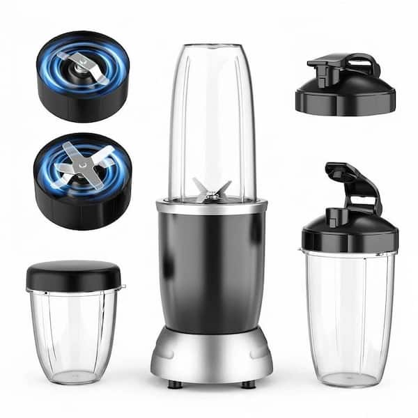 Silver Stainless Steel Personal Blender Set High-Speed 1200W Ice Crush Smoothie Maker with 3 Cups and Lids