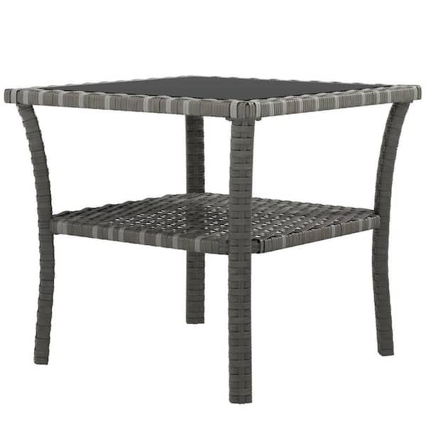 ESILOO Outsunny Rattan Side Table w/ Storage Shelf, Aluminum Frame, Tempered Glass Top, Square Outdoor Coffee Table,