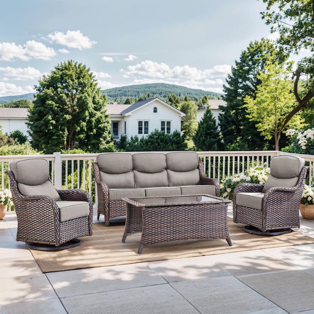 Nova Swivel Brown 4-Piece Wicker Patio Conversation Seating Set with Swivel Gliders and 6 in. Thick Olefin Gray Cushions price history on PriceWatchPro