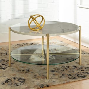 32 in. White/Gold Medium Round Faux Marble Coffee Table with Shelf