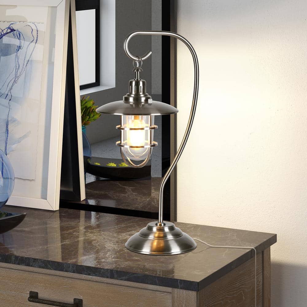 Silver Nautical Lantern Table Lamp with Glass Shade