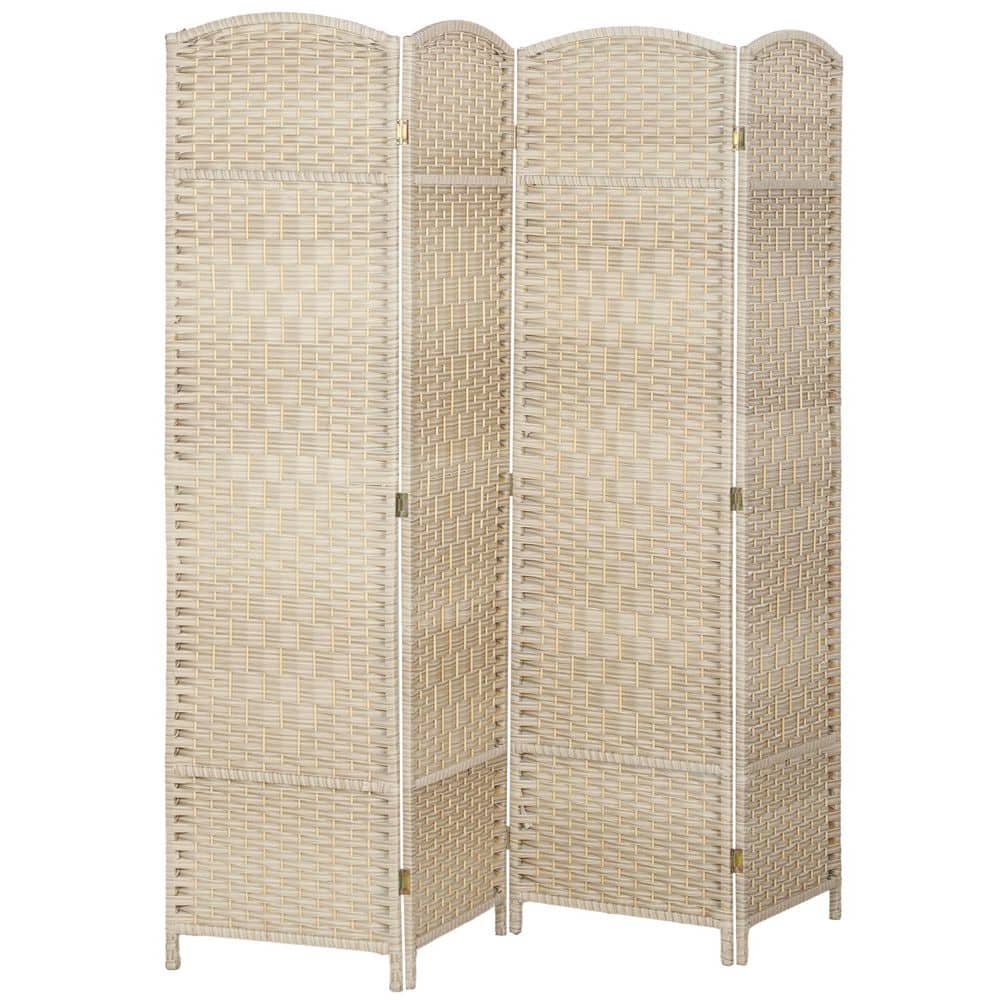 70.9 in. Washed Oak Folding Privacy Screen, Hand-Woven Freestanding 4 Panel Room Divider for Home Office