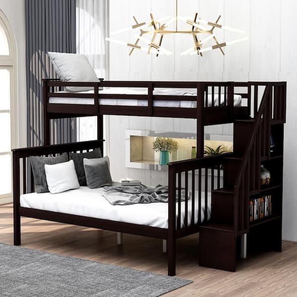 Low Wood Espresso Bunk Bed Frame with Staircase, Twin Over Full Bunk Bed with Storage, Convertible Kid Bunk Bed