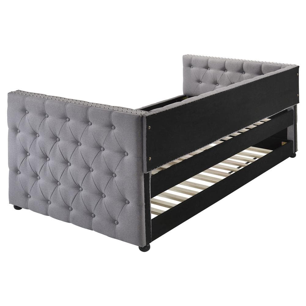 Gray Linen Twin Daybed with Tufted Upholstery and Drawer