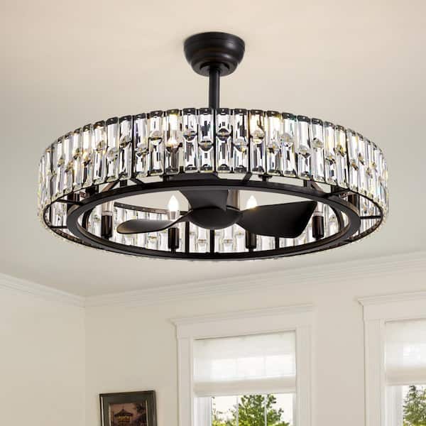 31 in. Indoor 10-Light Modern Downrod Mount Black Crystal Ceiling Fan with Lights Reversible Rotation and Remote Control
