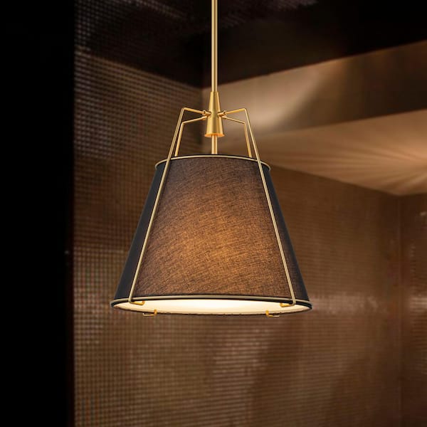 HUOKU Haven Modern Farmhouse 4-Light Brass Frame Pendant Light with Black Fabric Shade for Hallway or Kitchen