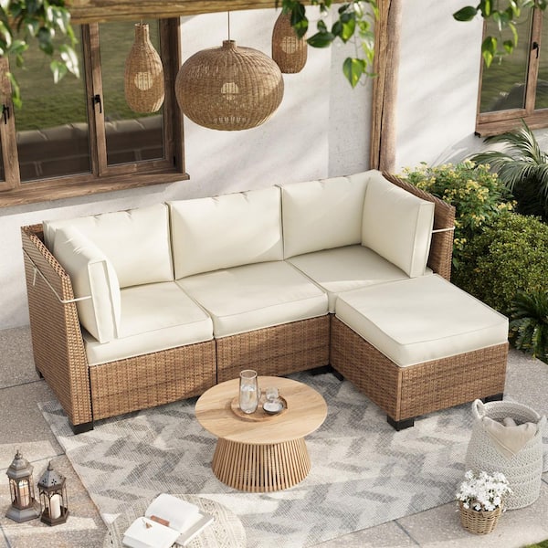 Outdoor Cream 4 in. Thick Replacement Cushion Set Seat/Back Cushion (Set of 3 Seats, 3-Backs, 2-Short Backs, 1-Footrest)