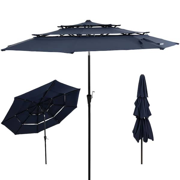 Sunnydaze 3-Tier Outdoor 10 ft. Steel Cantilever Market Tilt and Crank Patio Umbrella in Navy Blue