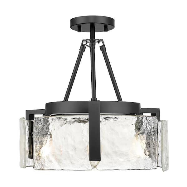 Aenon 16.5 in. 3-Light Matte Black Semi-Flush Mount with Hammered Water Glass Shade