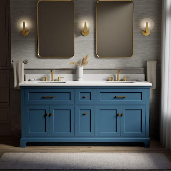 Charlemont 74 in. Double Sink Freestanding Tidal Blue Bath Vanity with White Quartz Top Assembled
