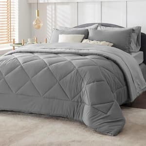 7 Pieces Gray Queen Comforter Sets, Polyester Bedding Sets Bed in a Bag for College Bunk Bed Single Bed