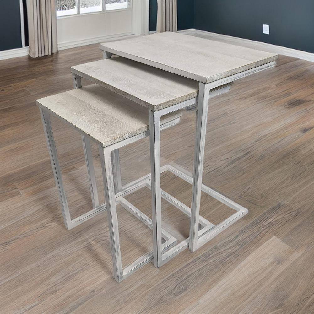Addison Whitewash Mango Wood and Iron 3-Piece Nesting Table Set