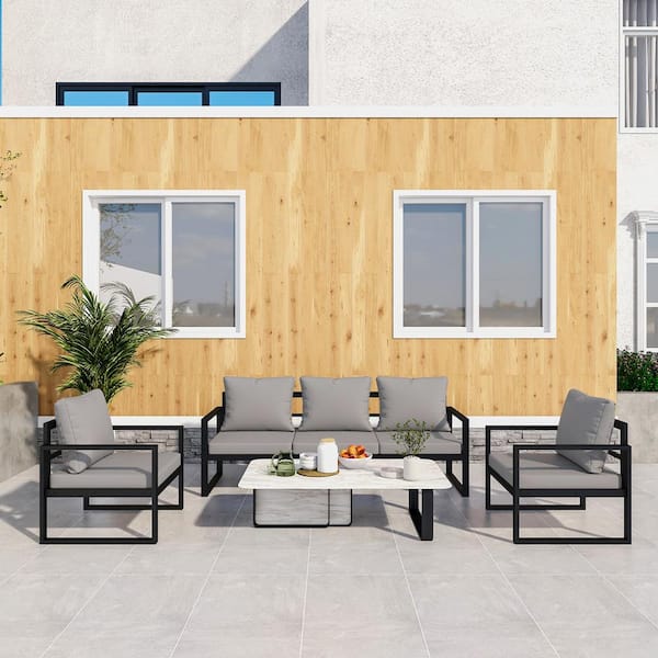 Mondawe Russell Black Metal 3-Piece Outdoor Sectional Set with CushionGuard Grey Cushion .