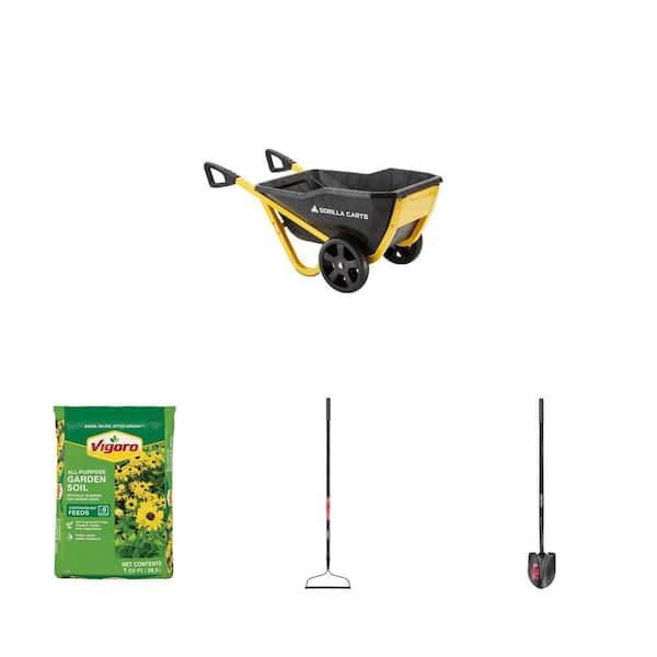 7 cu. ft. Poly Garden Cart, 1 cu. ft. Garden Soil, 57 in. Bow Rake, and 47 in. Digging Shovel Combo