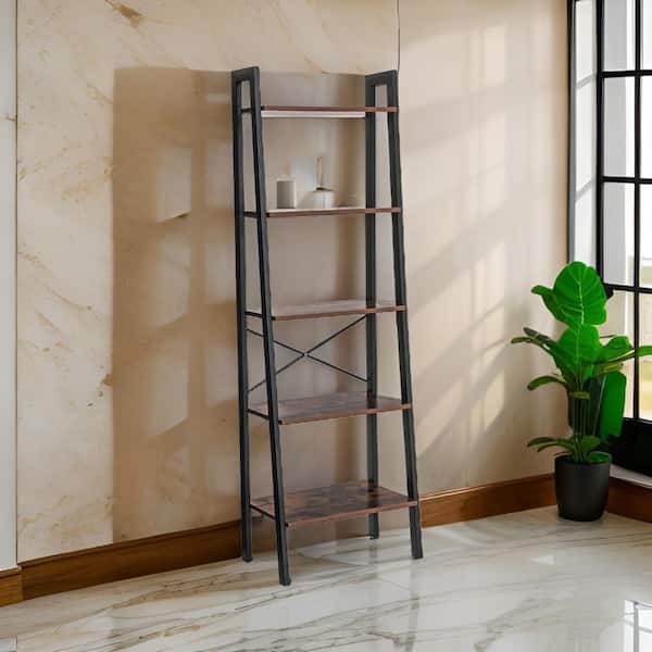 Benjara Javi 67.76 in. Tall Brown and Black Particle board 5-Shelf Corner Ladder Bookcase with X Shape Crossbars
