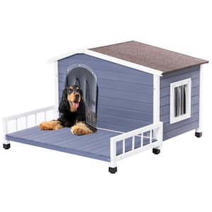 Outdoor Wooden Dog House with Hinges Raised Feet Openable Asphalt Roof and Removable Floor in Grey