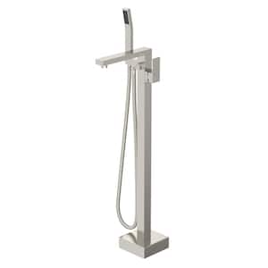 Single-Handle Free Standing Tub Faucet Floor Mount Tub Filler with Hand Shower in Brushed Nickel