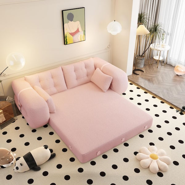 78.7 in. Straight Arm Teddy Fabric Rectangle 3-in-1 Multi-Functional Foldable Sofa in Pink