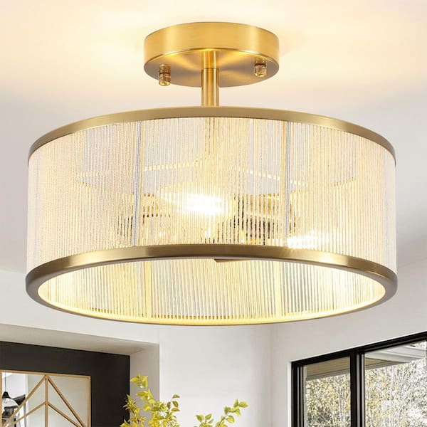 12.5 in. 3-Light Brass Boho Coastal Semi Flush Mount Ceiling Light for Hallway Entryway Kitchen Bedroom Nursery