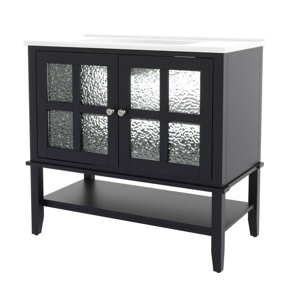 36 in. Freestanding Black Bath Vanity with White Ceramic Top, Adjustable Shelf and Solid Wood Legs price history on PriceWatchPro