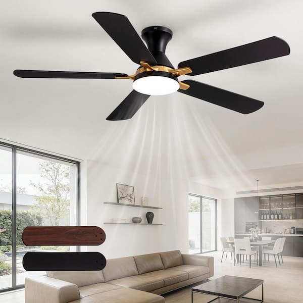 52 in. Indoor Modern Black and Gold Standard Flush Mount Low Profile Ceiling Fan with Integrated LED and Remote