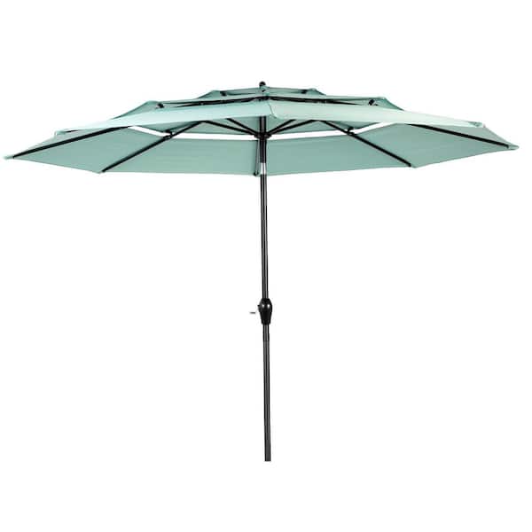 Otryad 9.64 ft. Steel Market Outdoor Patio Umbrella with 8-Ribs, 3-Tier Auto-Tilt Umbrella, (Base Not Included) in Light Green