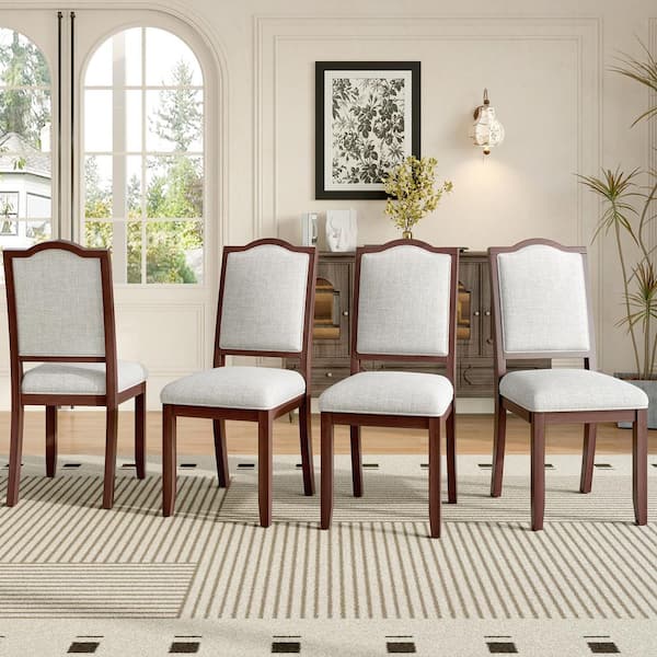 Cherry and Beige Linen Upholstered Dining Chairs (Set of 4) with High Back, Solid Wood Legs
