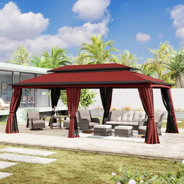 20 ft. x 10 ft. Outdoor Patio Double Vented Roof Gazebo with Red Curtains and Mosquito Netting