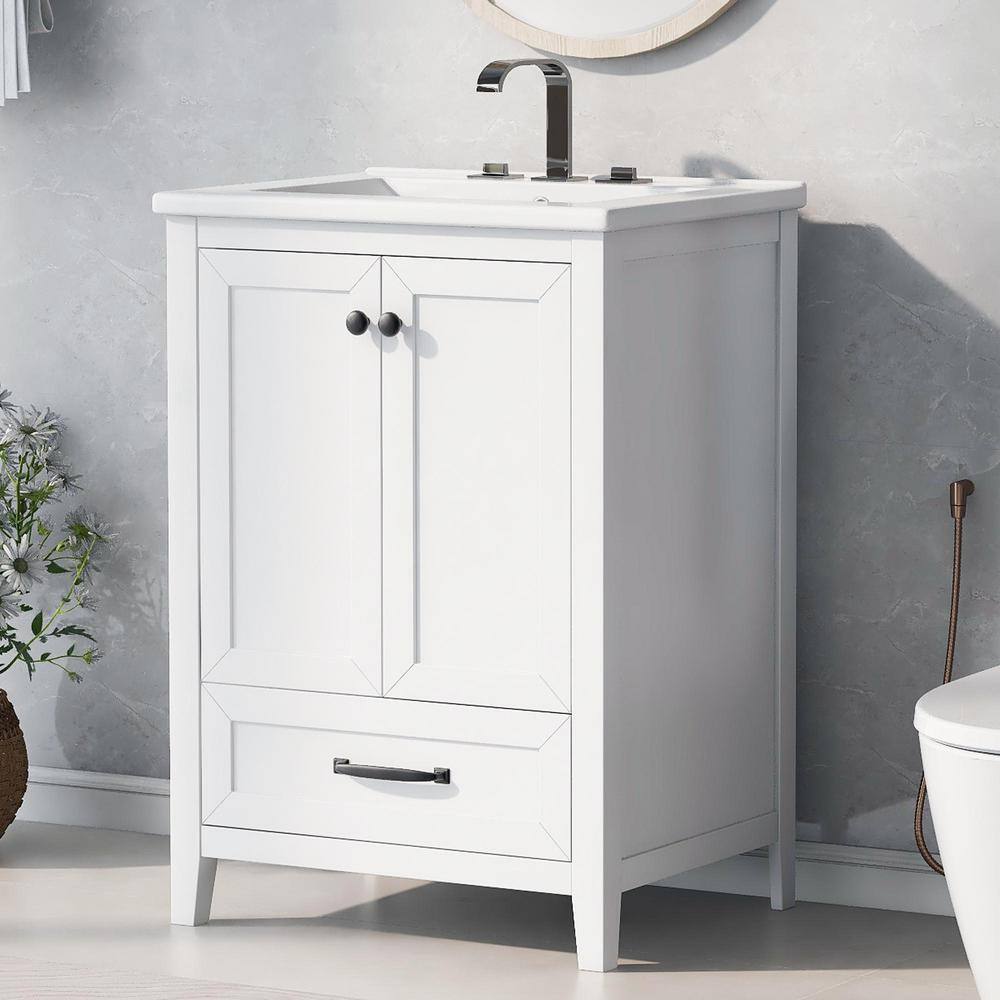 24 in. W Single Sink Freestanding Bath Vanity in White with White Ceramic Top, 1 Drawer and Doors price history on PriceWatchPro