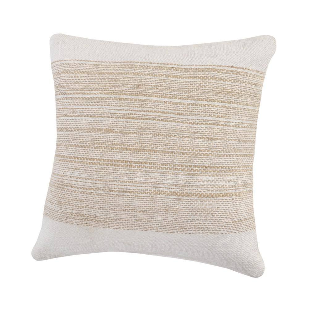 Ivory and Tan Striped Jute Cotton 20" Square Throw Pillow