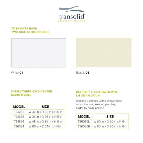 T3 34 in. x 60 in. Single Threshold Shower Base in White T3 34 in. x 60 in. Single Threshold Shower Base in White