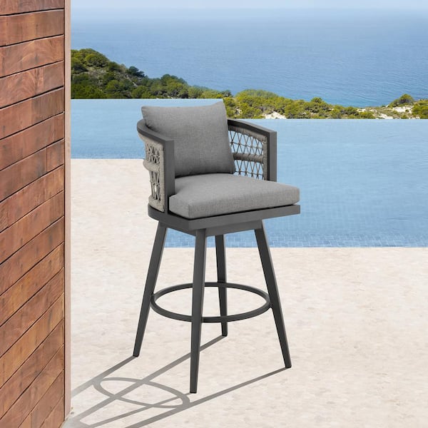 Armen Living Zella Bar Height Swivel Aluminum Outdoor Bar Stool with Earl Gray Cushion
