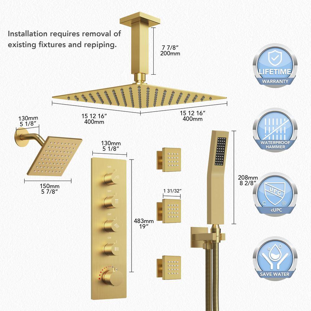 16" Brushed Gold Multi-Head Rainfall Shower System with Handheld