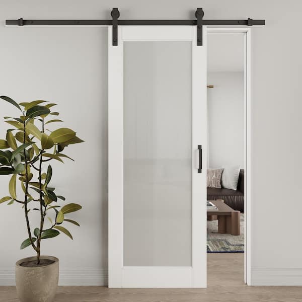 ARK DESIGN 32 in. x 80 in. 1 Lite Tempered Frosted Glass White Primed MDF Composite Sliding Barn Door with Hardware Kit