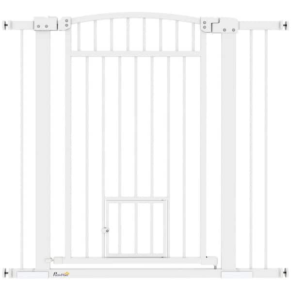 Dog Gate, 30in. - 41in. Extra Wide Walk Through Pet Gate w/ Cat Door, 3 in. and 5.5 in. Extension Kits, Pressure Mounted