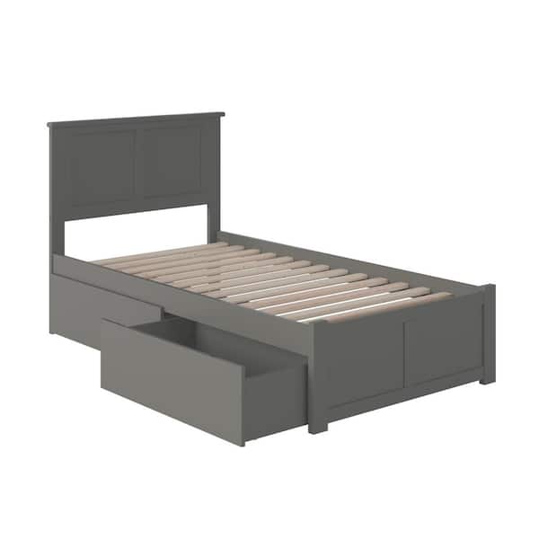 AFI Madison Grey Twin XL Solid Wood Storage Platform Bed with Flat Panel Foot Board and 2 Bed Drawers