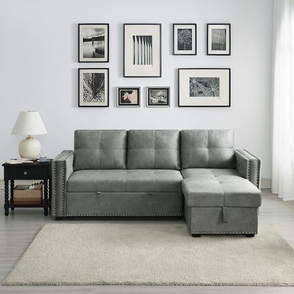 Morden Fort Reversible 90.5in. Gray Velvet Sleeper Sectional Sofa L-Shape 3 Seat Sectional Couch with Storage