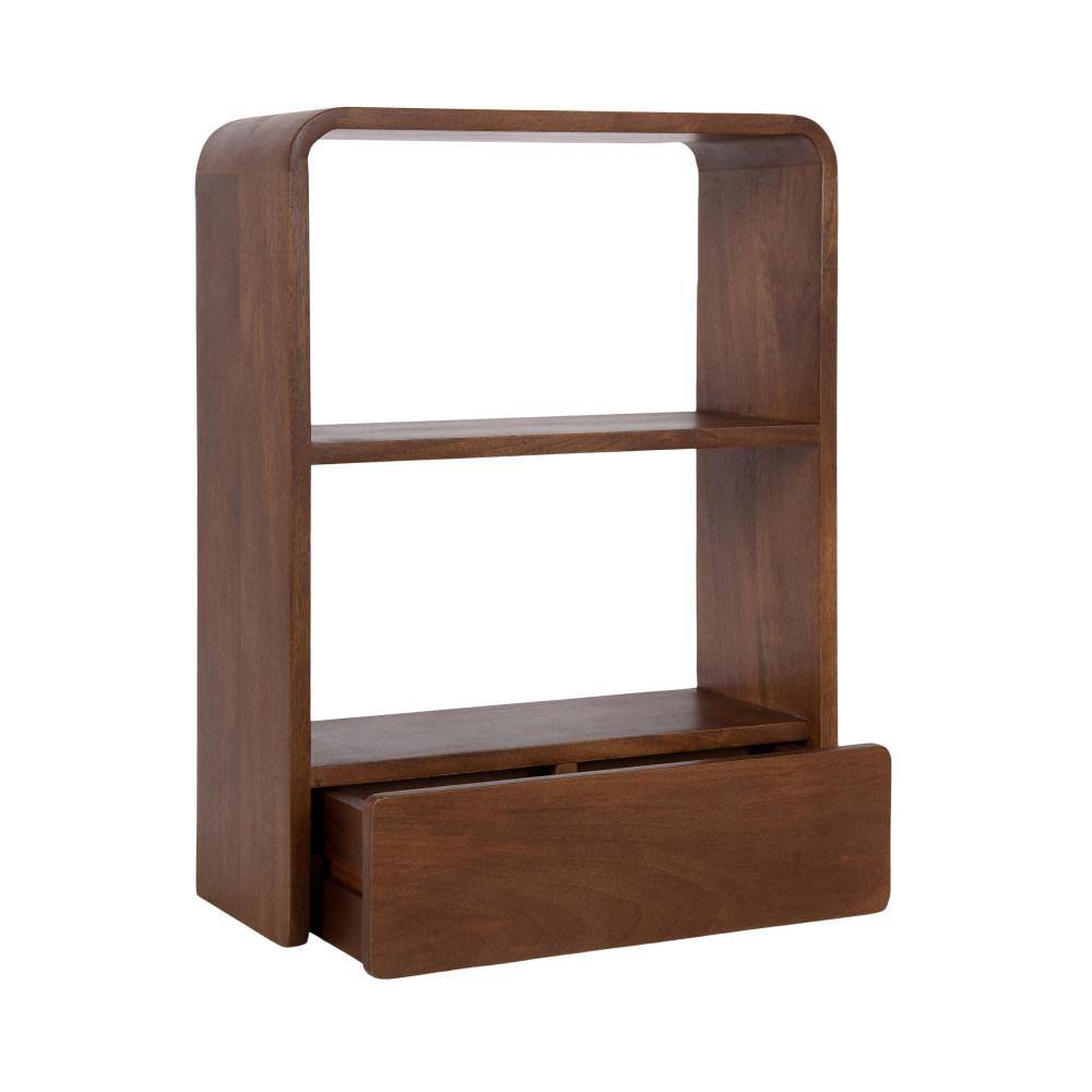 Walnut Brown Mango Wood Floating Wall Shelf with Drawer