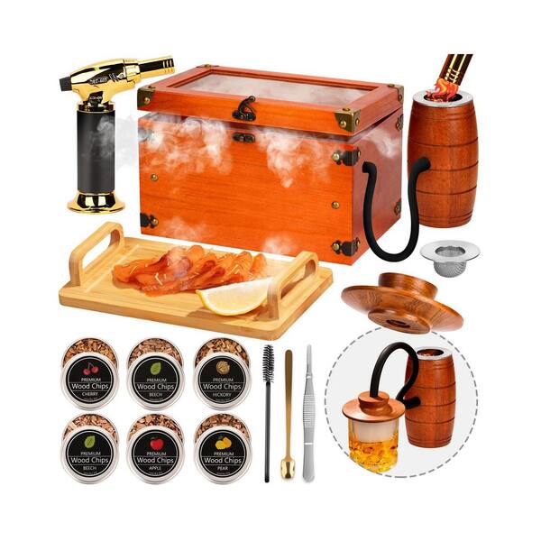 Brown Wood Cocktail Smoker Kit Whiskey Smoking Box Set with Food Tray, 6PCS Flavor Wood Chips (Butan Not Required)