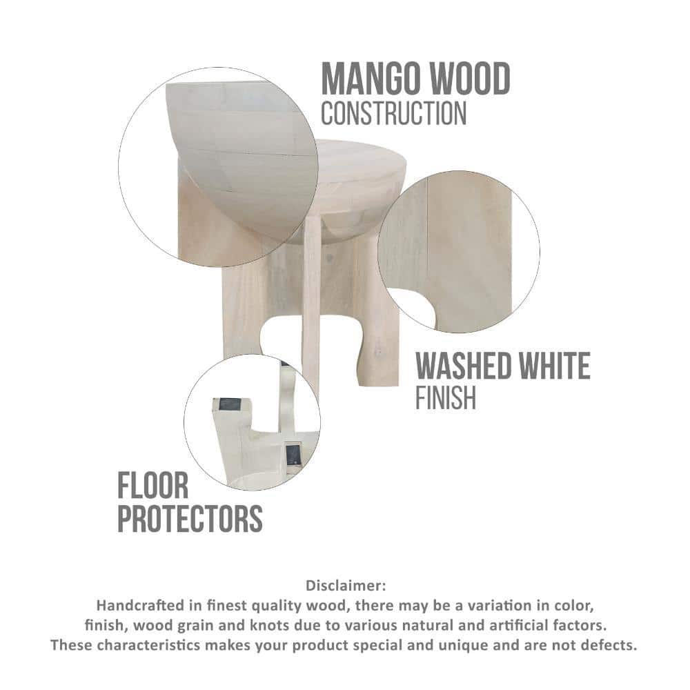 Washed White Mango Wood Round Side End Table, 20" Height