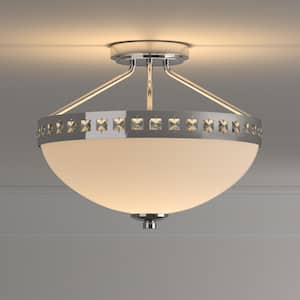13.6 in. 2-Light Polished Chrome Semi-Flush Mount with Frosted Glass Shade