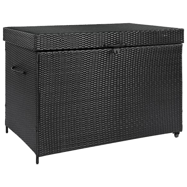 230 Gal. Rattan Deck Box with Wheels, All-Weather Outdoor Storage Box for Patio Furniture, Cushion, Garden Tool in Black