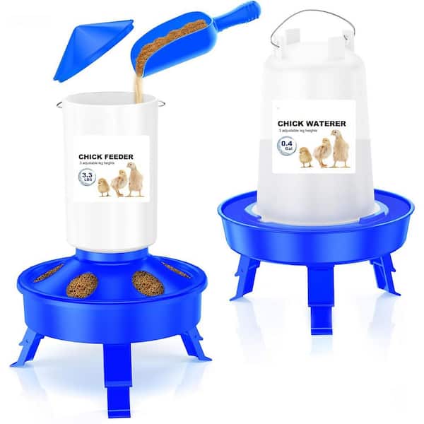KIWDZFU Top Filling Chick Feeder Waterer Kit Adjustable Legs 3.3LBS Feeder 0.4Gal Waterer Easy Clean Wide Base Suspendable