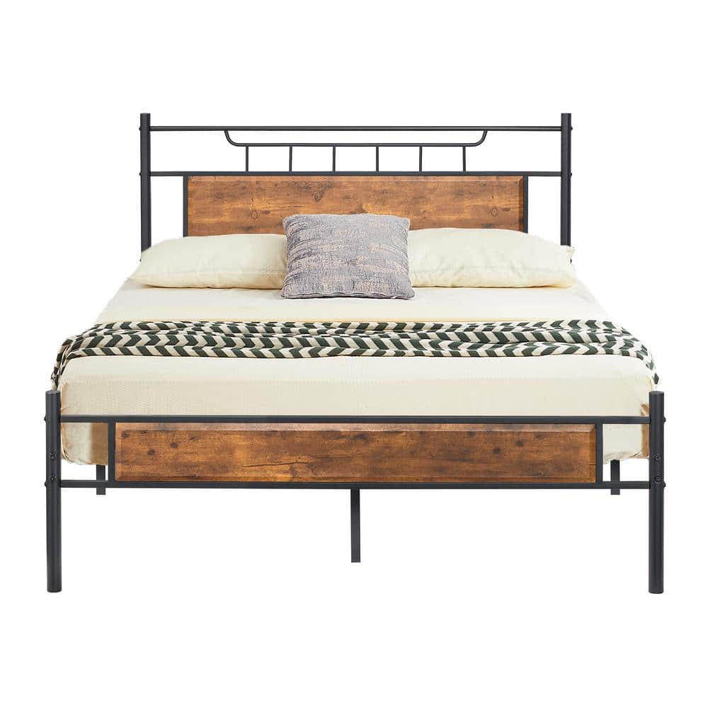 VECELO 53.15 In. W Brown Full Size Metal Platform Bed With Wood ...