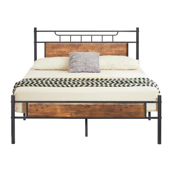 VECELO 53.15 in. W Brown Full Size Metal Platform Bed with Wood Headboard and Footboard Easy Assembly Under Bed Storage