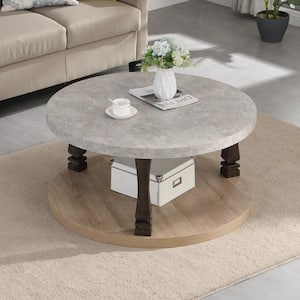 36 in. L Grey Round MDF Tabletop Mid-Century 2-Tier Round Coffee Table with Storage Shelf